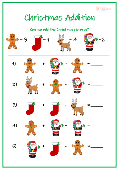 Christmas addition printable maths worksheet