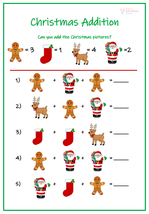 Christmas addition printable maths worksheet