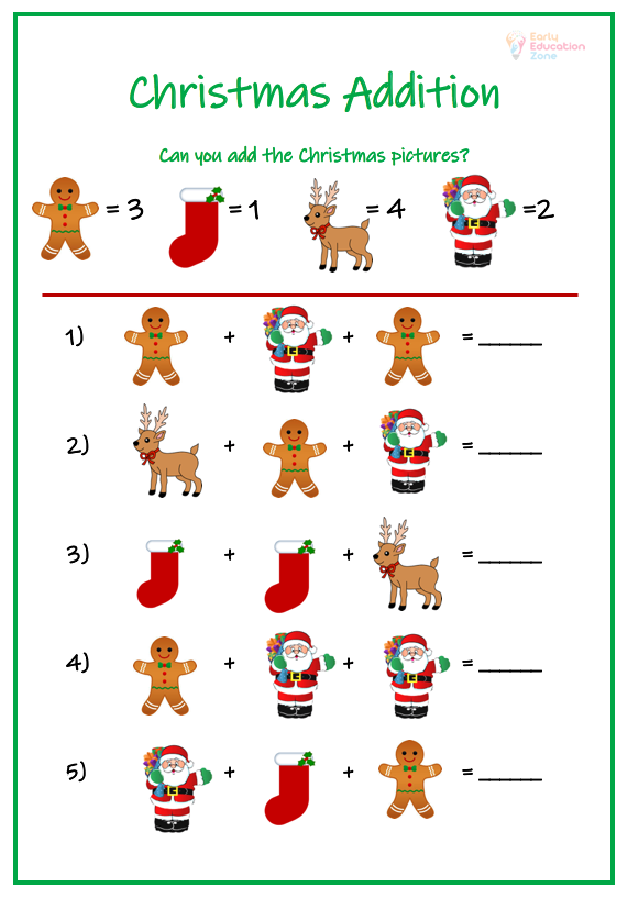 Christmas Addition Worksheet  Early Education Zone