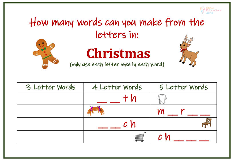 Making Words from Christmas printable literacy worksheet