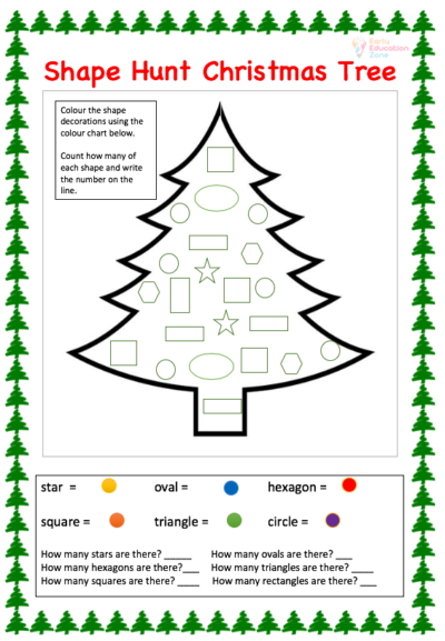 shape hunt Christmas tree printable worksheet