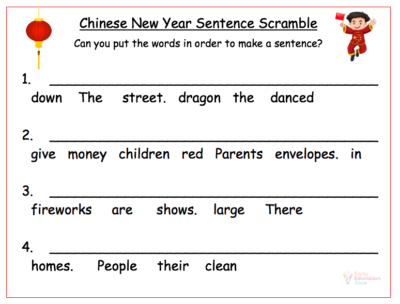Chinese new year sentence unscramble free printable literacy worksheet