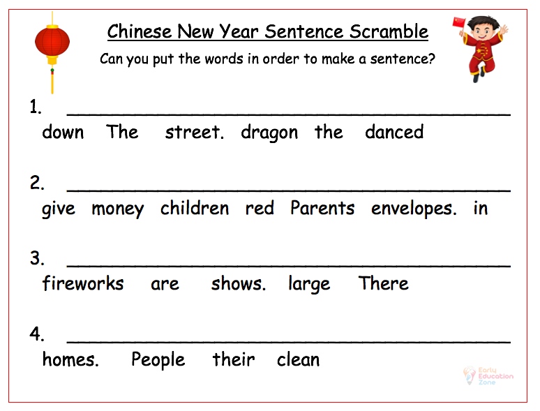 Chinese new year sentence unscramble free printable literacy worksheet